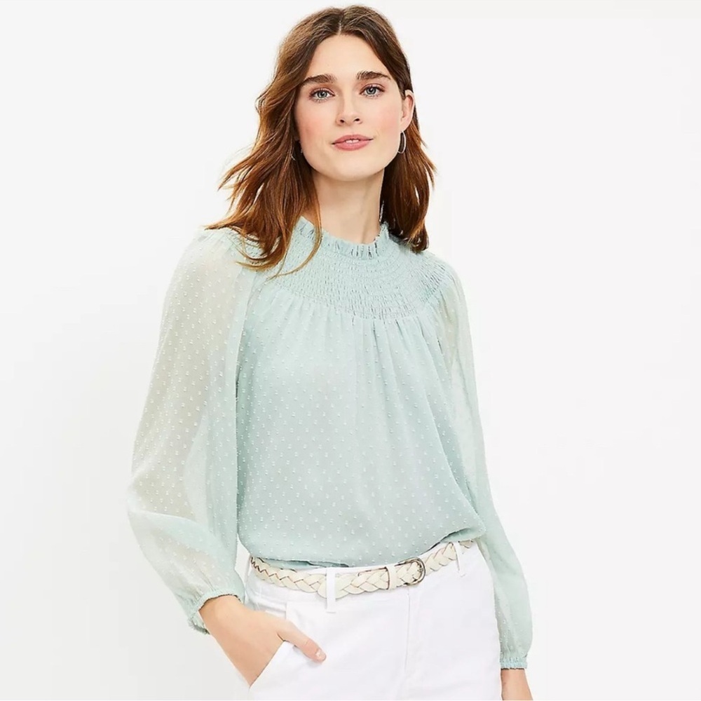 Loft Mint Green Smocked Neck Swiss Dot Romantic Top size small